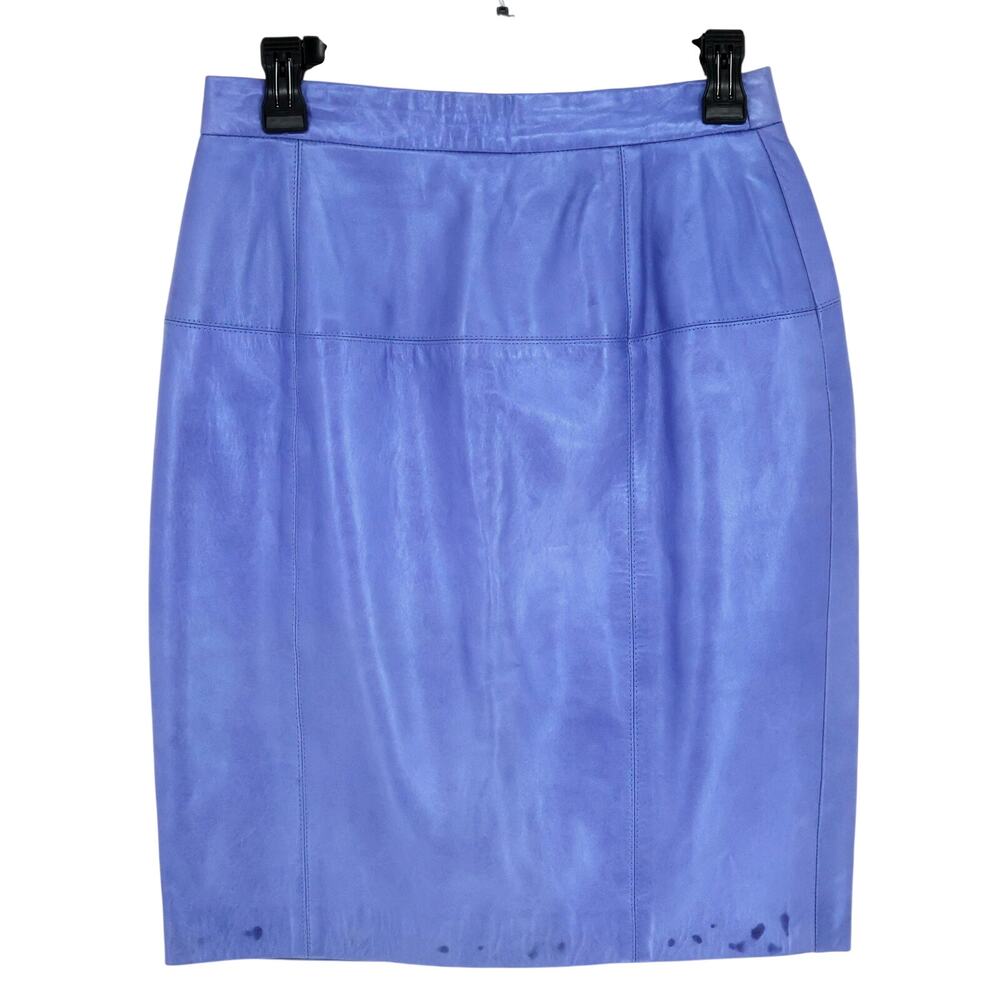 Laurel Escada Skirt Womens 10 US Blue Leather Zip Lined Tiny Waist FLAW Stains